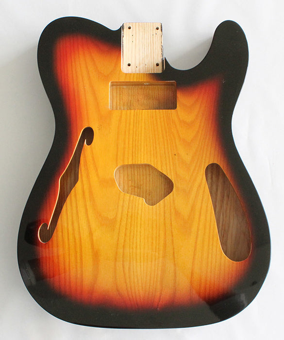 Tele Thinline Style Hollow Guitar Body,American Ash Wood, Sunburst 3T Gloss Finish,"P90" Neck Pickup Cavity,for Tele Single Neck pickup or P90 pickup,Not drilled string Through Body Ferrule holes