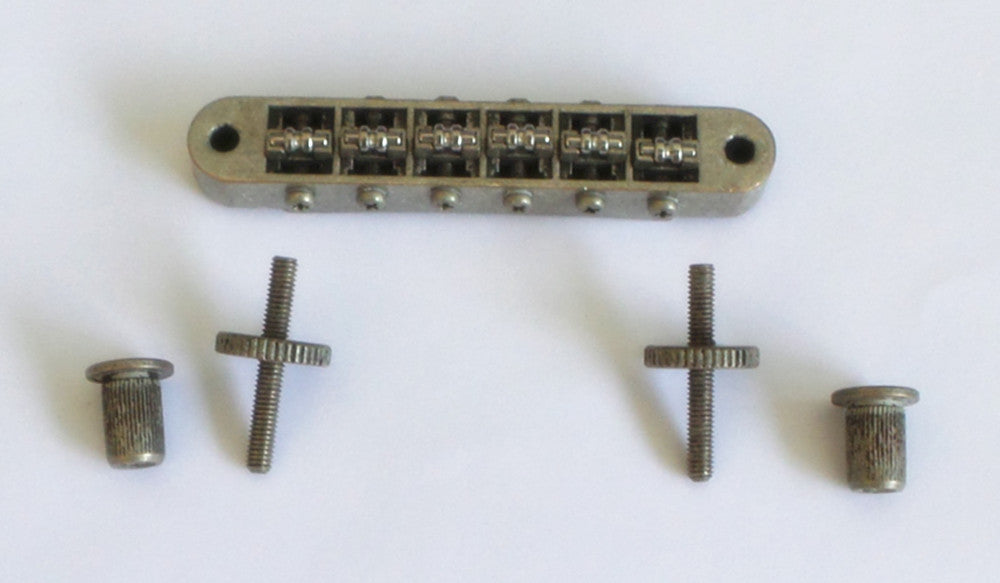 New Roller Bridge,4mm Post Hole,Tune-O-Matic Bridge,With Screw Post and Wheel,Curved Bottom Base,Antiqued Sliver finish