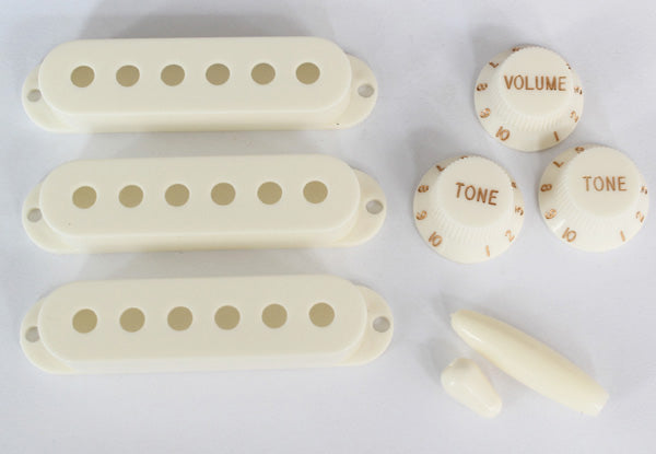 Aged White Strat Pickup Cover,Knobs,Tips,50mm or 52mm Pickup String Spread