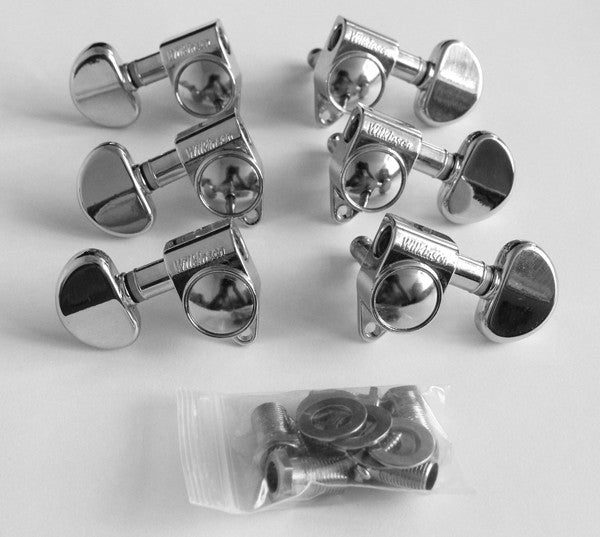 Wilkinson Chrome,3L+3R,"Roto" Style Sealed Tuners,Full Size sealed tuners with straight screw tag fixing