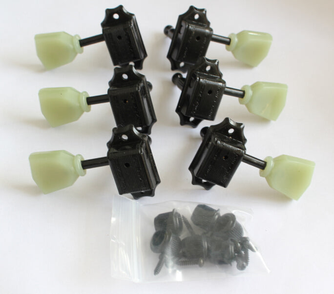 Wilkinson Deluxe 3L+3R Guitar Machine Head Tuner BK with aged Light Green "tombstone" buttons